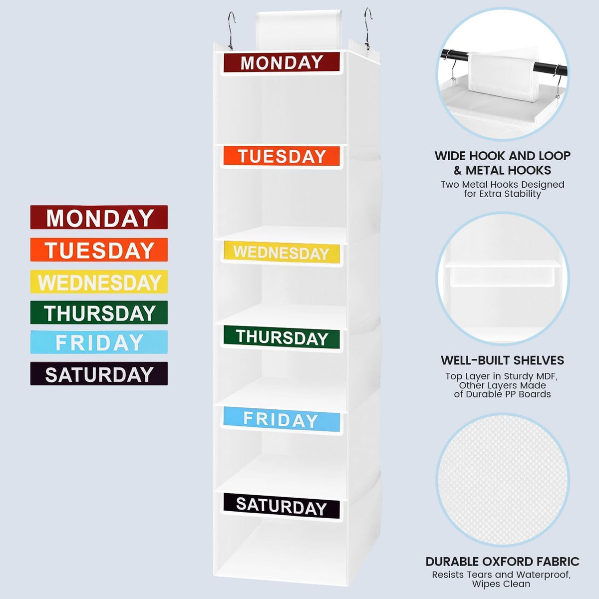 Weekly Clothes Organizer for Kids, 6-Shelf Kid Hanging Closet Organizer w/ 6 Side Pockets, Labeled Weekly Outfit Organizer for Kids, Days of The Week Clothes Organizer Monday Through Friday White