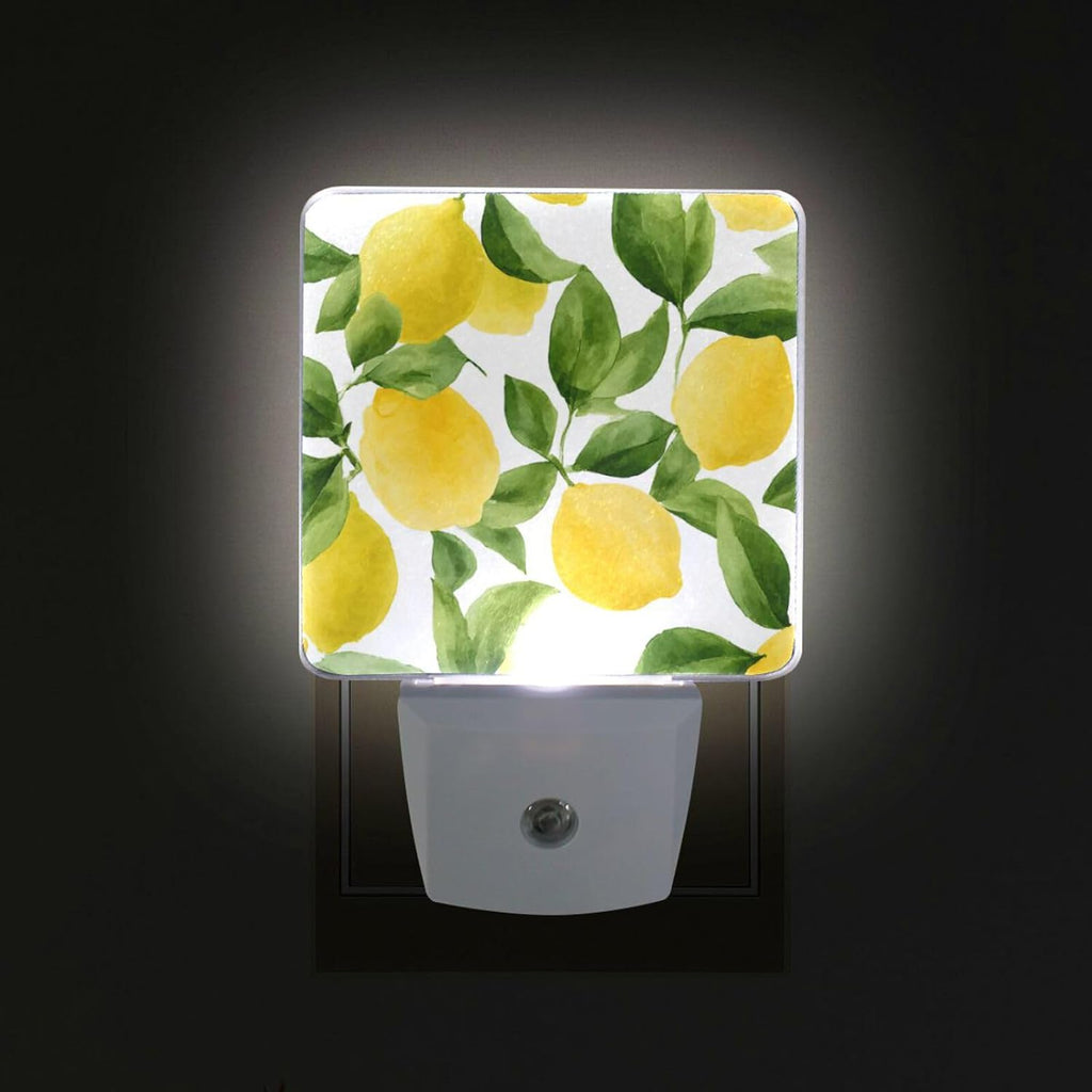 ALAZA 2 Pack Lemon Fruit Leaves Watercolor LED Night Light Dusk to Dawn Sensor Plug in Night Home Decor Desk Lamp for Adult