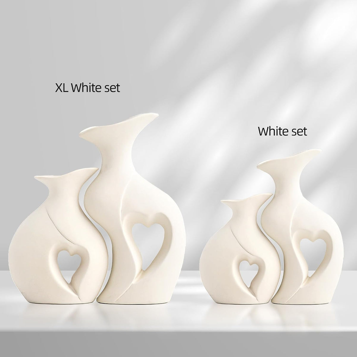 XL White Flower Vases, Nordic Heart Shaped Ceramic Set of 2