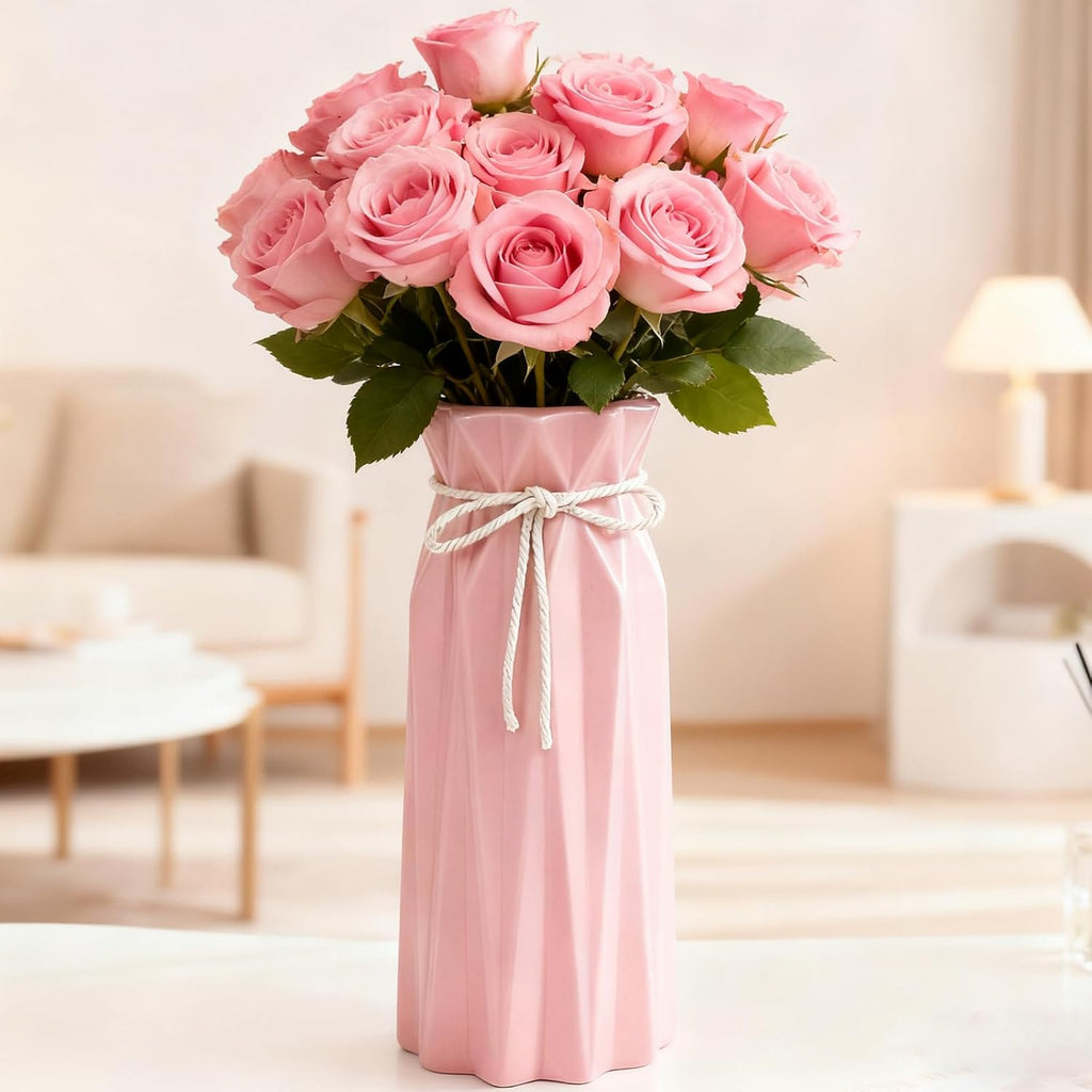 Disoza Ceramic Flower Vase Modern Home Decor Vases for Centerpieces Pink Minimalist Farmhouse 9.5" H x 3.9" W Cute Decorative Vases Flowers Tulip Pampas Grass Vase for Table Bathroom Shelf