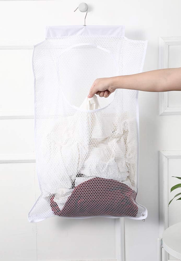 Door-Hanging Mesh Laundry Hamper Bag, Space Saving Corner Small Laundry Basket Dirty Clothes Hamper with Rotating Metal Hanger for Apartment, RV, Camper, Cabin, College Dorm Use (White)