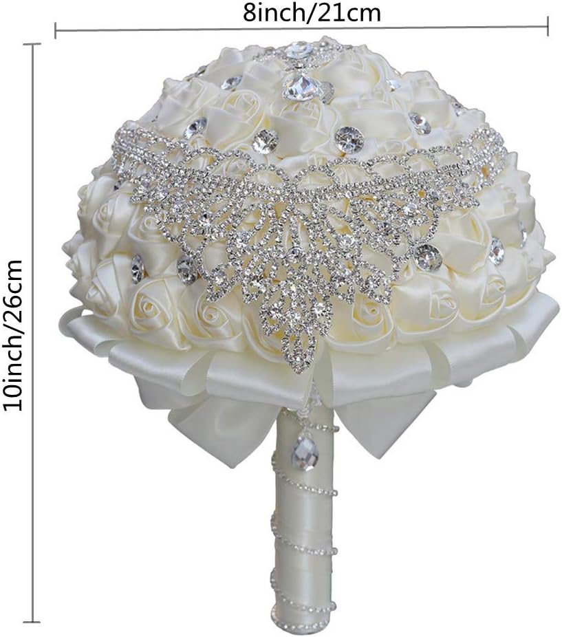 Handmade Luxury Wedding Bridal Bouquet Large Silk Rose Holding Toss Artificial Flowers Bouquets with Satin Ribbon Pearls Rhinestone for Bride Vintage Royal Wedding Bouquet Decor(Ivory)