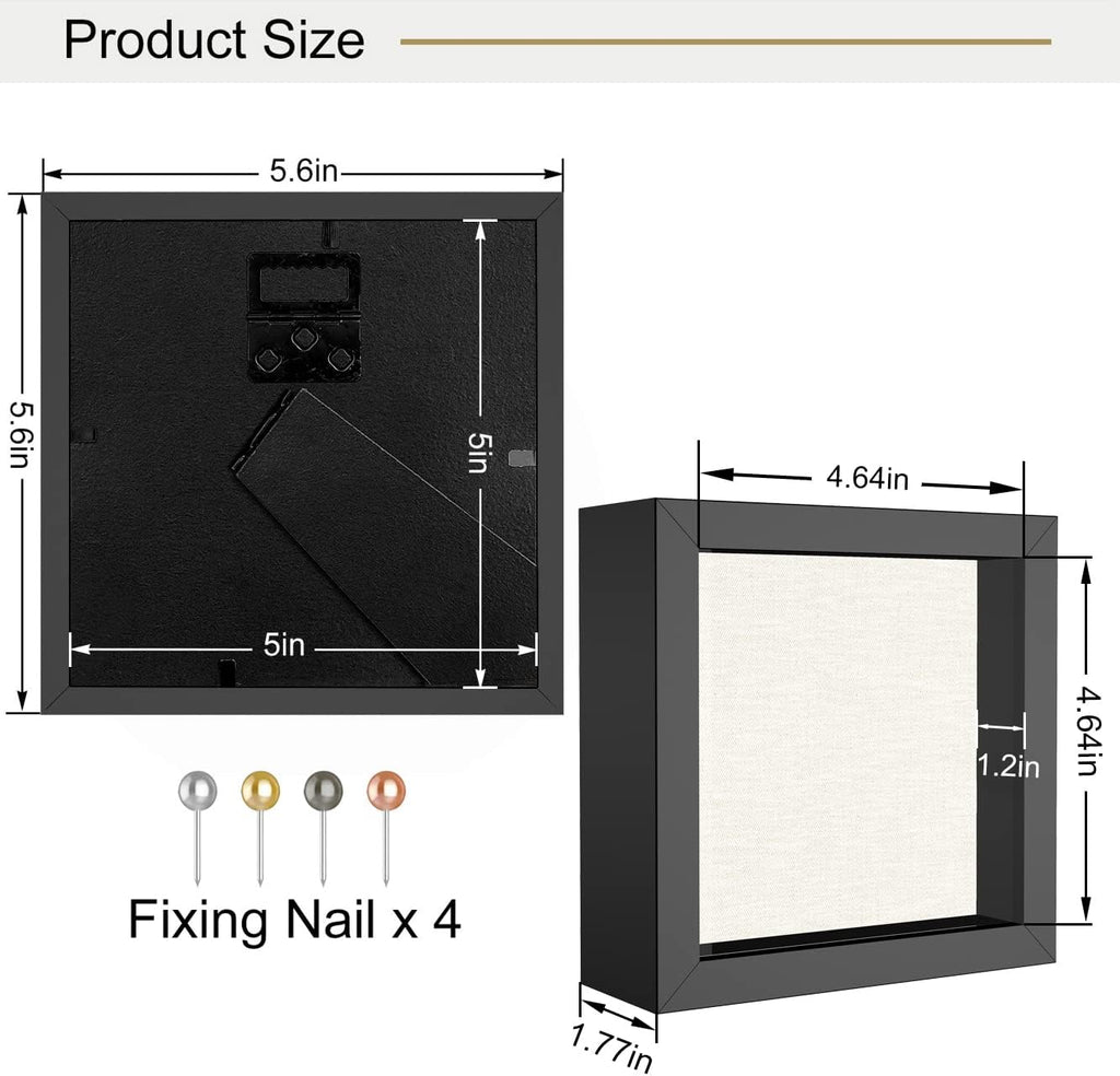 5x5 Shadow Box Frame, Linen Back, Push Pins Included, Memory Box Display Case, Black