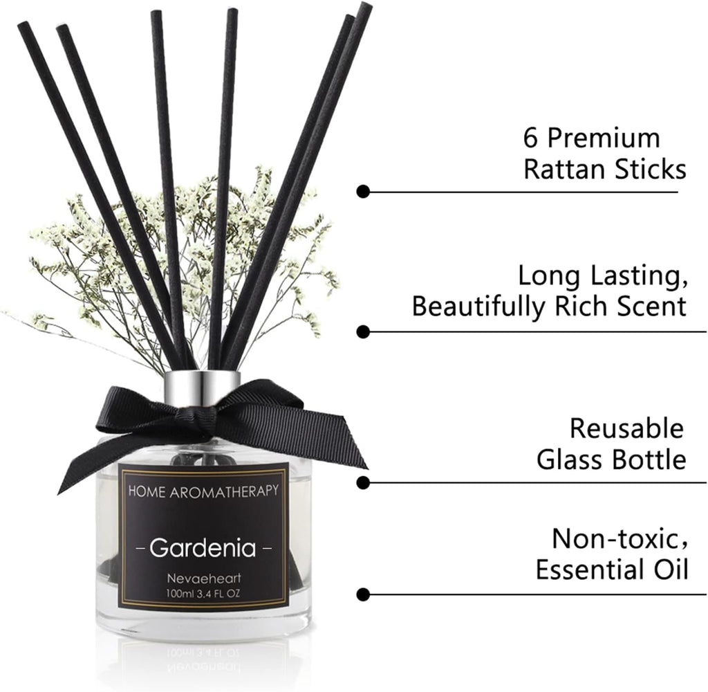 Reed Diffuser Set,Gardenia Reed Diffuser Gifts for Women,3.4oz(100ml) Reed Diffuser with Sticks, Home Fragrance Reed Diffuser for Living Room, Office & Bathroom Shelf