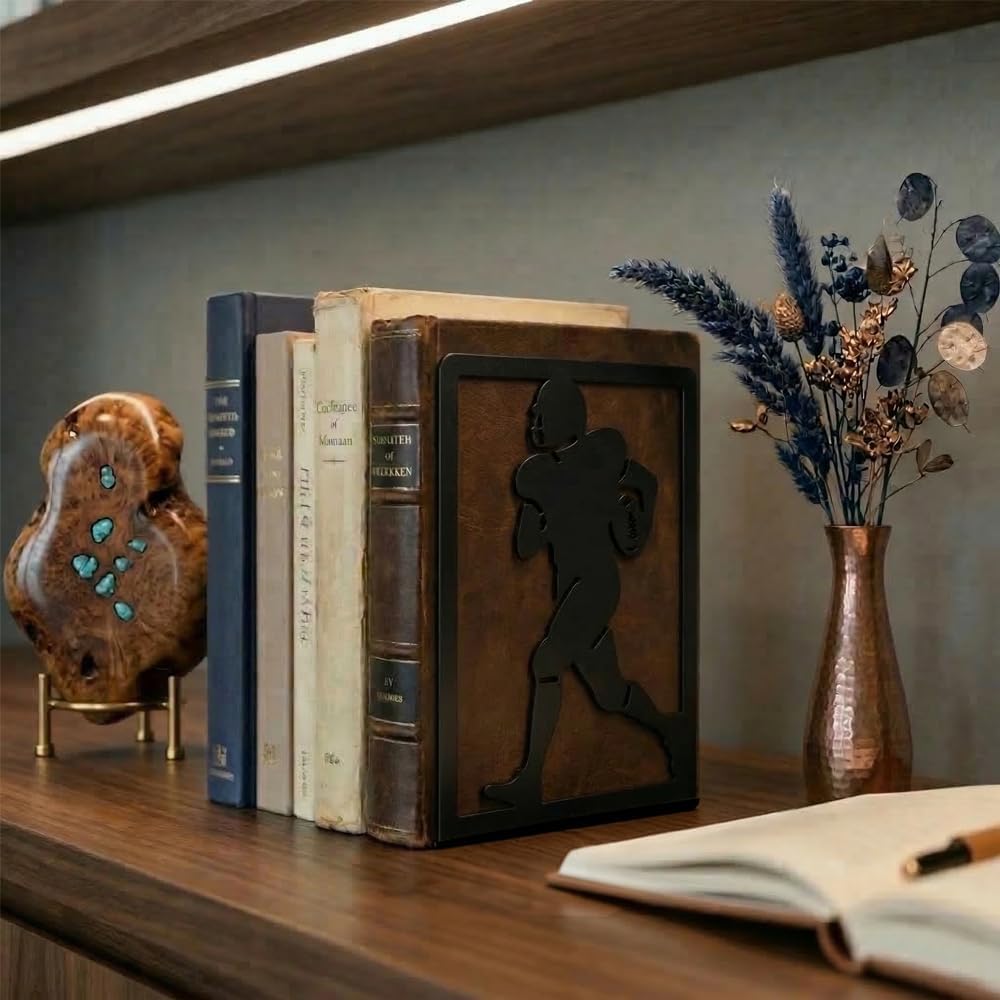 Metal Decorative Bookends Set, Spider Web & Football Player Silhouette, Sturdy Non-Slip Book Holders for Shelves, Black (Sports Football - 2 Pairs (4 Pcs))