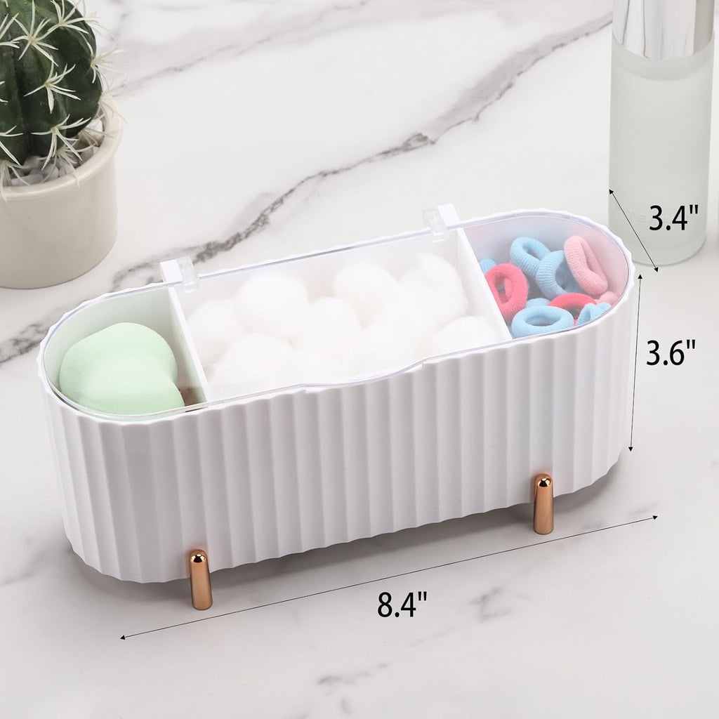 Tecbeauty Qtips Holder, 3 Grids Separate Cotton Swabs Ball Dispenser, Storage Box, Jar for Cotton Pads Bathroom Organizer Canisters - White
