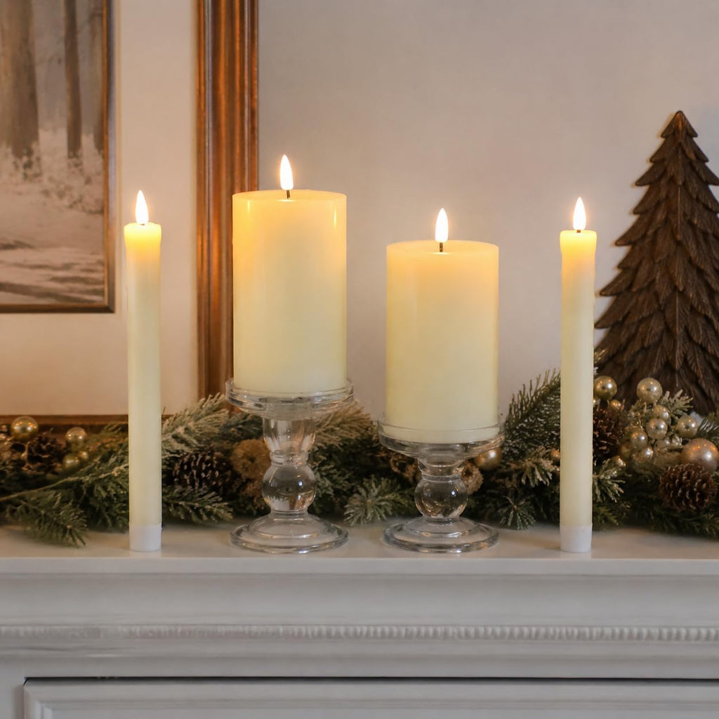 Real Wax LED Flameless Candles with Remote Timer, 4 Pcs Ivory Battery Operated Window Candle with 3D Flickering Flame for Fireplace Xmas Halloween Wedding Decor (9.5" Taper & 5" Pillar)