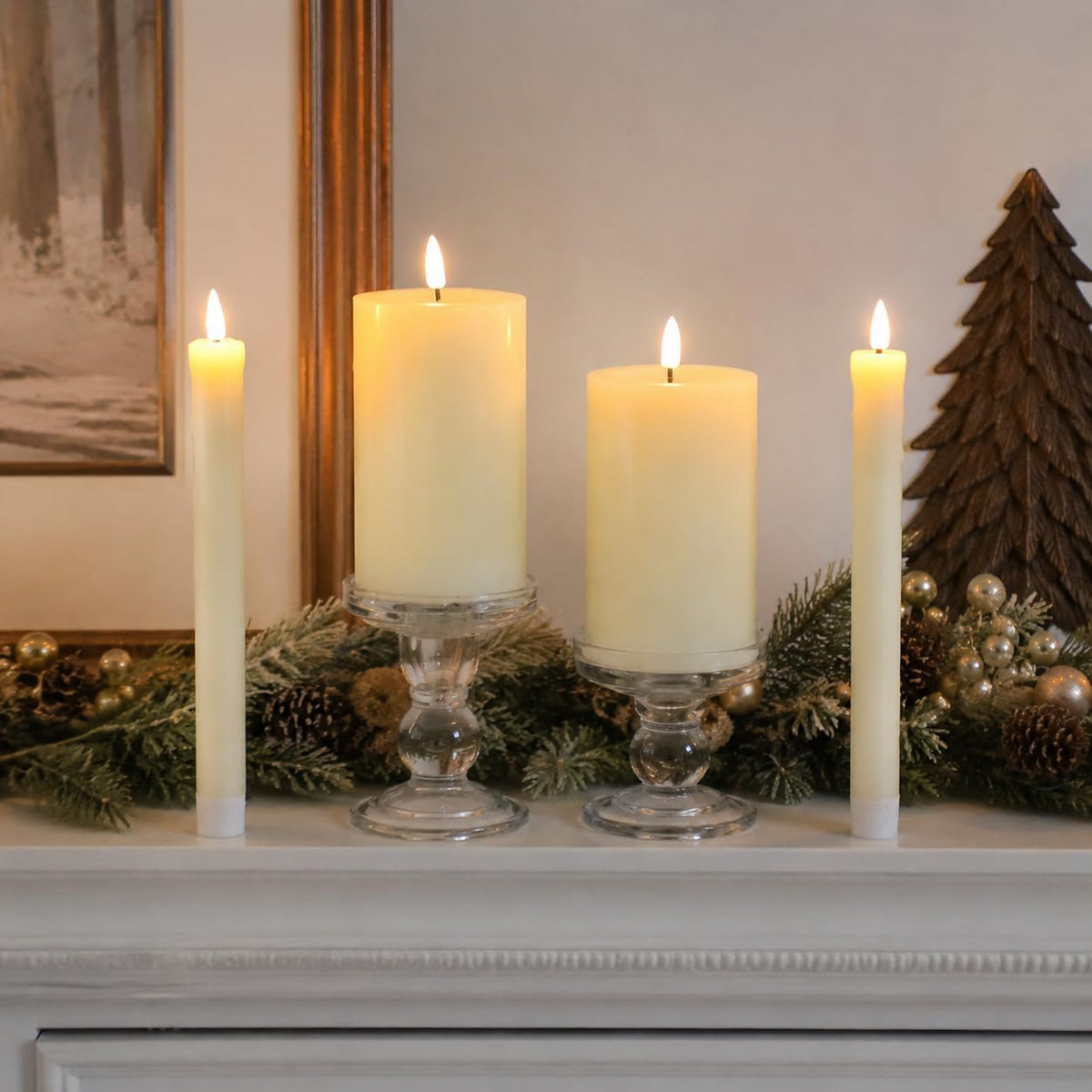 Real Wax LED Flameless Candles with Remote Timer, 4 Pcs Ivory Battery Operated Window Candle with 3D Flickering Flame for Fireplace Xmas Halloween Wedding Decor (9.5" Taper & 5" Pillar)
