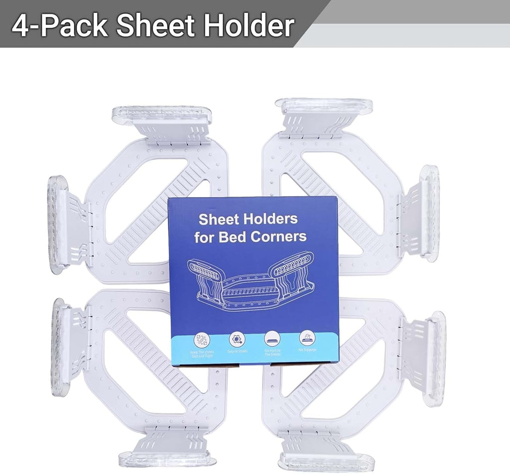 4Pcs Bed Sheet Holders for Corners, Heavy Duty Bed Lock Clips Keep Sheets Firm & Tight on Mattress, Non-Slip Grippers, Fitted Sheet Fastener, Universal Corner Holder for Home, White Plastic No Wrinkle