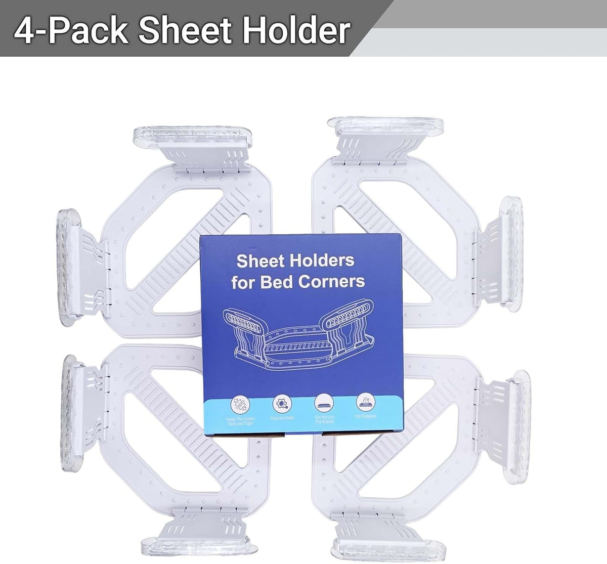 4Pcs Bed Sheet Holders for Corners, Heavy Duty Bed Lock Clips Keep Sheets Firm & Tight on Mattress, Non-Slip Grippers, Fitted Sheet Fastener, Universal Corner Holder for Home, White Plastic No Wrinkle