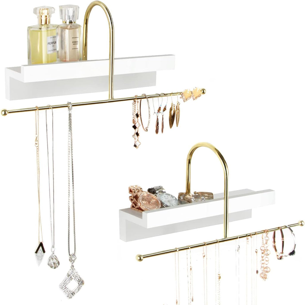 J JACKCUBE DESIGN Gold and White Wall Mounted Hanging Jewelry Organizer Holder Set of 2 for Necklaces, Rings, Bracelets and Earrings with White Display Shelf- MK692A
