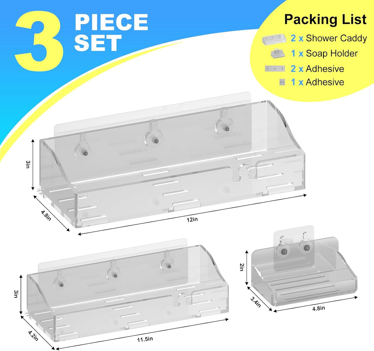 Clear Acrylic Shower Shelves, Adhesive Bathroom Caddy Organizer, 3-Pack