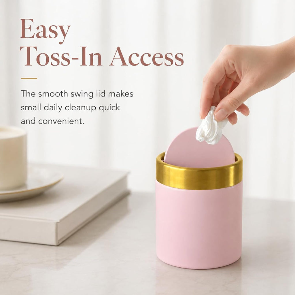 Pink Mini Trash Can with Swing Lid, 0.4 Gal Metal Countertop Bin