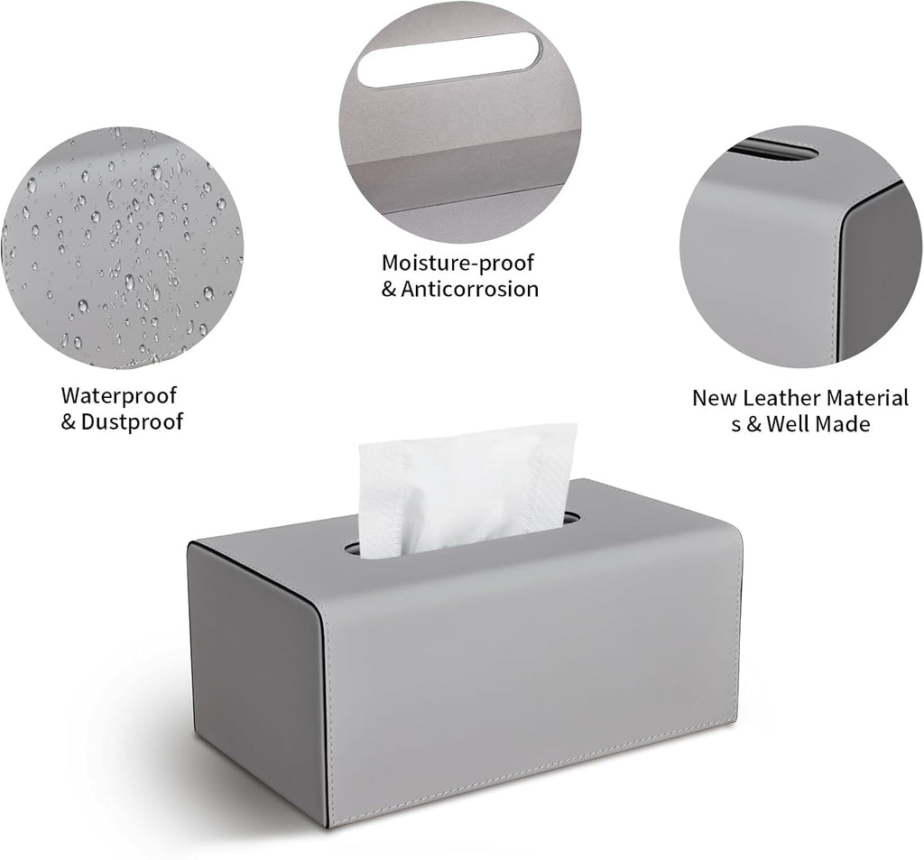 Tissue Box Cover, PU Leather Rectangular Tissue Box Holder with Magnetic Bottom Cover for Facial Tissues/Napkins, Office & Living Room Decor Box for Standard 120-count (3-Ply) 160-count (2-Ply) Gray