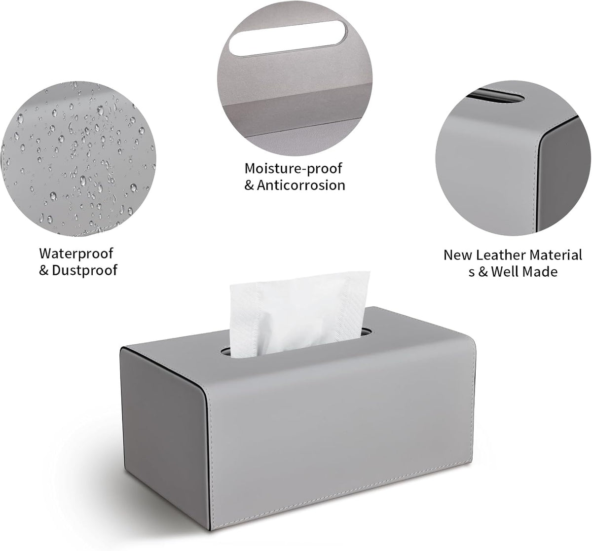 Tissue Box Cover, PU Leather Rectangular Tissue Box Holder with Magnetic Bottom Cover for Facial Tissues/Napkins, Office & Living Room Decor Box for Standard 120-count (3-Ply) 160-count (2-Ply) Gray