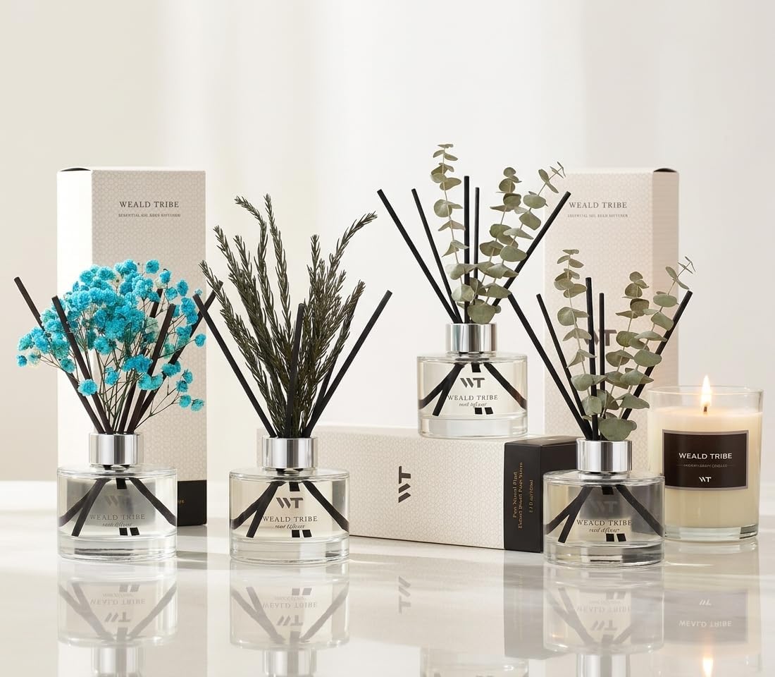 WEALD TRIBE Flower Reed Diffuser Set Ocean Series Moss & Sea Salt Scent For Bathroom Accessories Shelf Decor & Air Fresheners, Sticks Defusers With 5.1 fl oz Essential Oils, House Office Decor & Gifts
