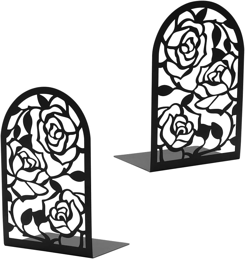 Elegant Rose Bookends Hollow-Out Rose Flower Book Ends Shelves Organizer Metal Book Stands Journal Book Holder Reading Room Decorative Bookends Library Book Stoppers for Office Home School (Black)