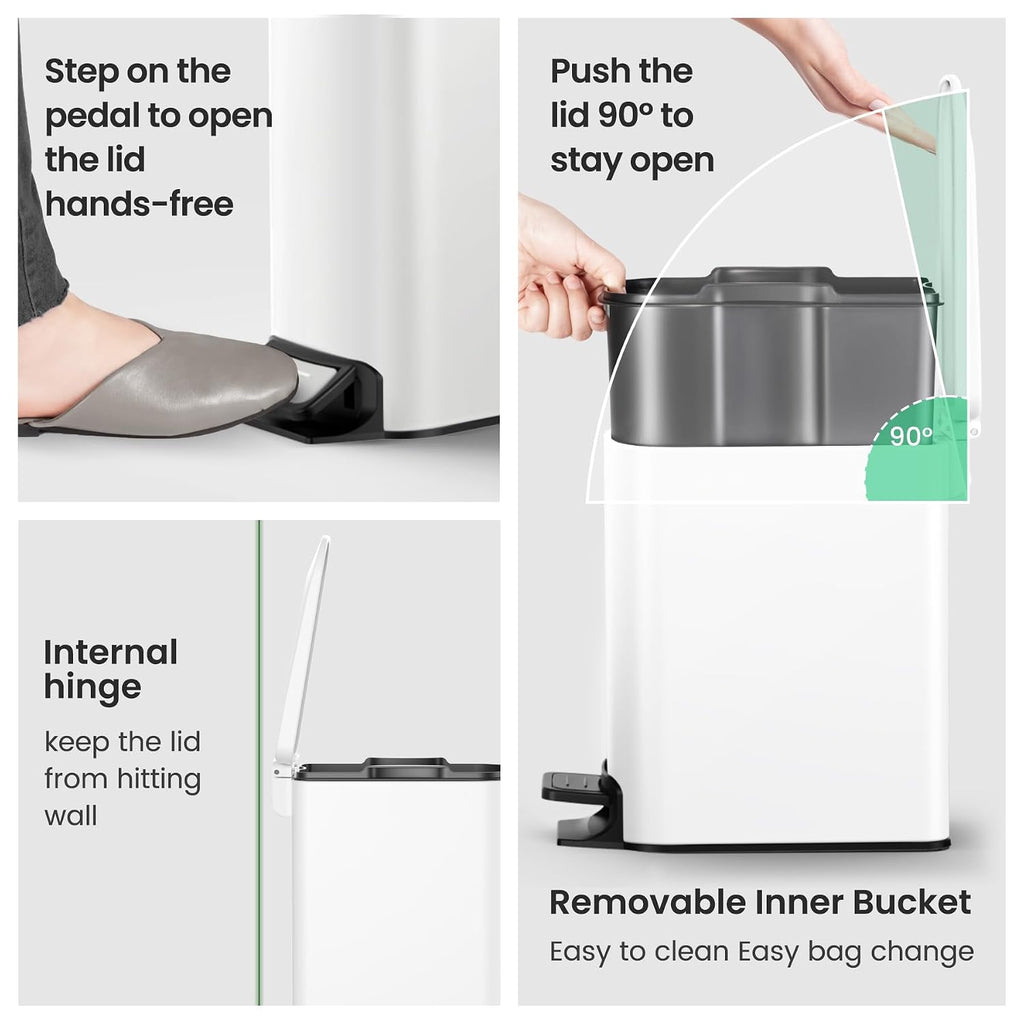 Cesun Small Bathroom Trash Can with Lid, 1.6 Gal, Soft Close, White