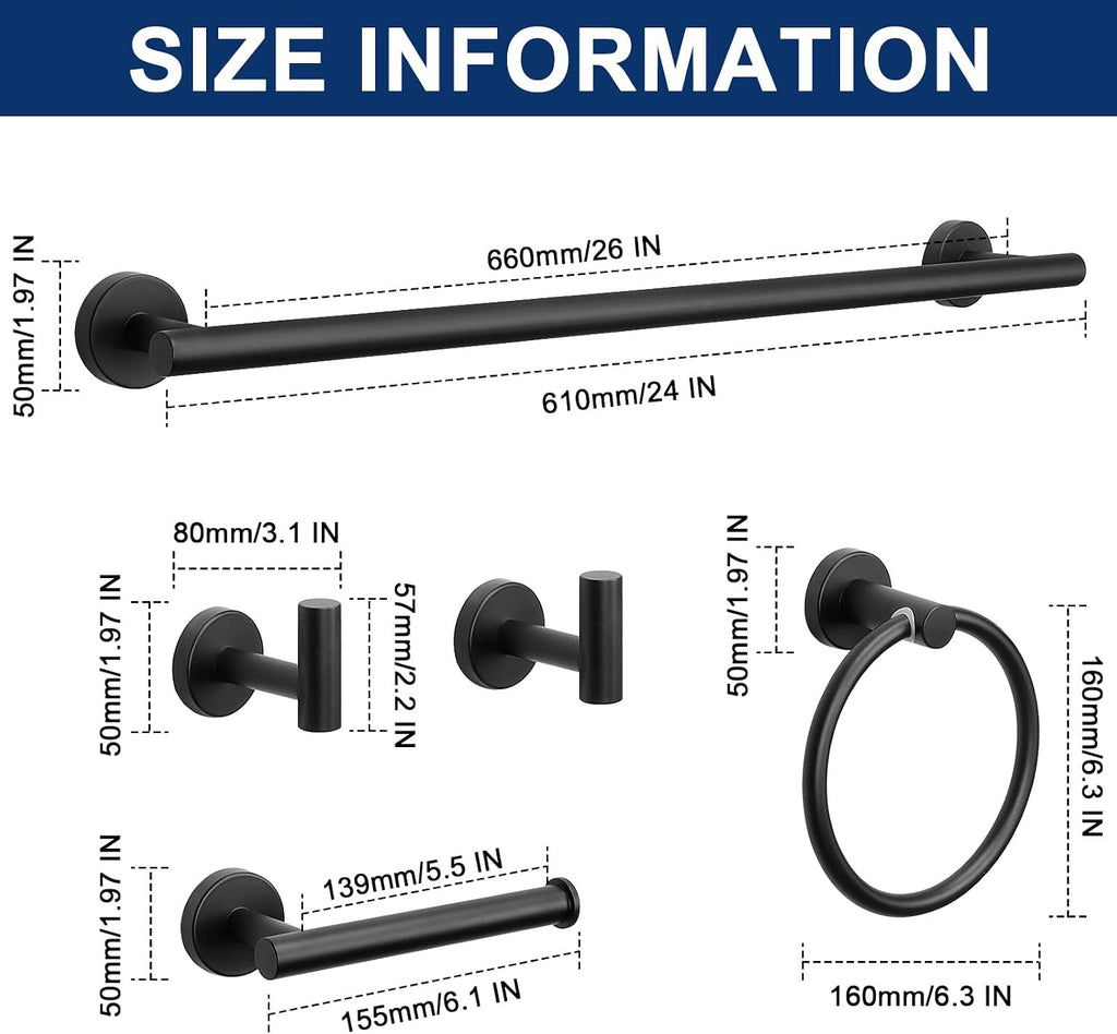 NearMoon 10 Pieces Bathroom Hardware Set SUS304 Thicken Stainless Steel-Towel Rack Kit Include 26" Towel Rod + Bath Towel Ring + Toilet Paper Holder + Robe Towel Hooks Bath Accessories (Matte Black)
