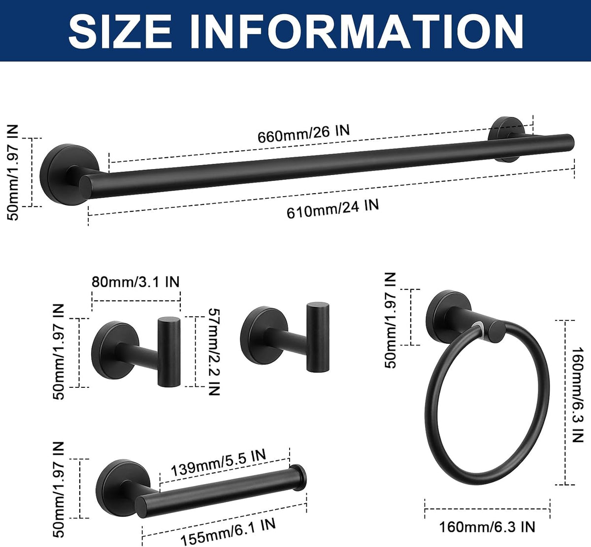 NearMoon 10 Pieces Bathroom Hardware Set SUS304 Thicken Stainless Steel-Towel Rack Kit Include 26" Towel Rod + Bath Towel Ring + Toilet Paper Holder + Robe Towel Hooks Bath Accessories (Matte Black)