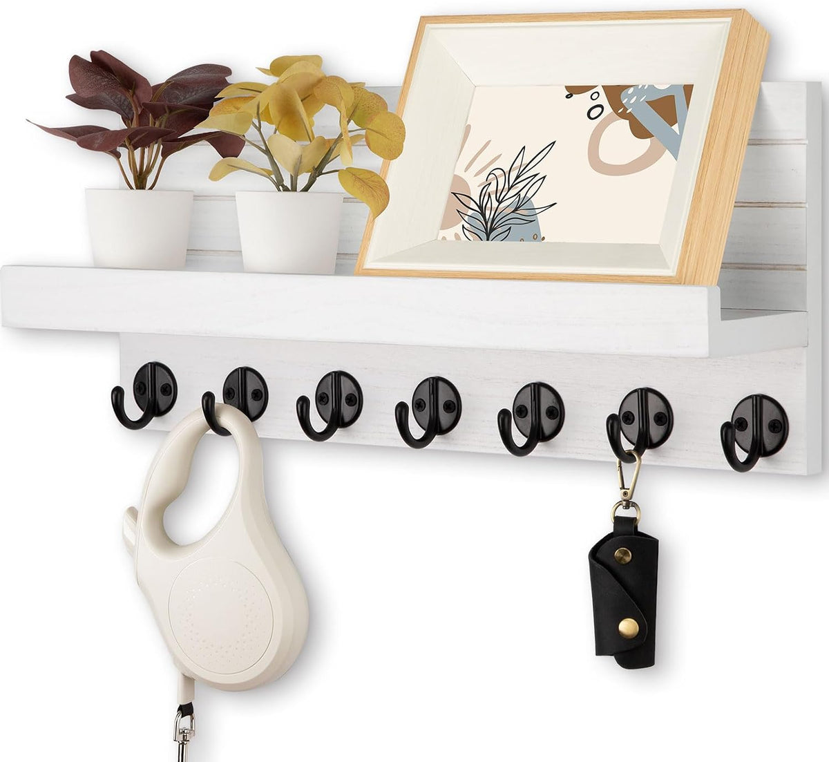Lwenki Key Holder Wall Mount, Entryway Key and Mail Holder with 7 Sturdy Hooks for Sunglasses, Dog Leash, Decorative Wall Shelf with Mounting Hardware, 15”W x 6.7”H x 4.2”D (White)