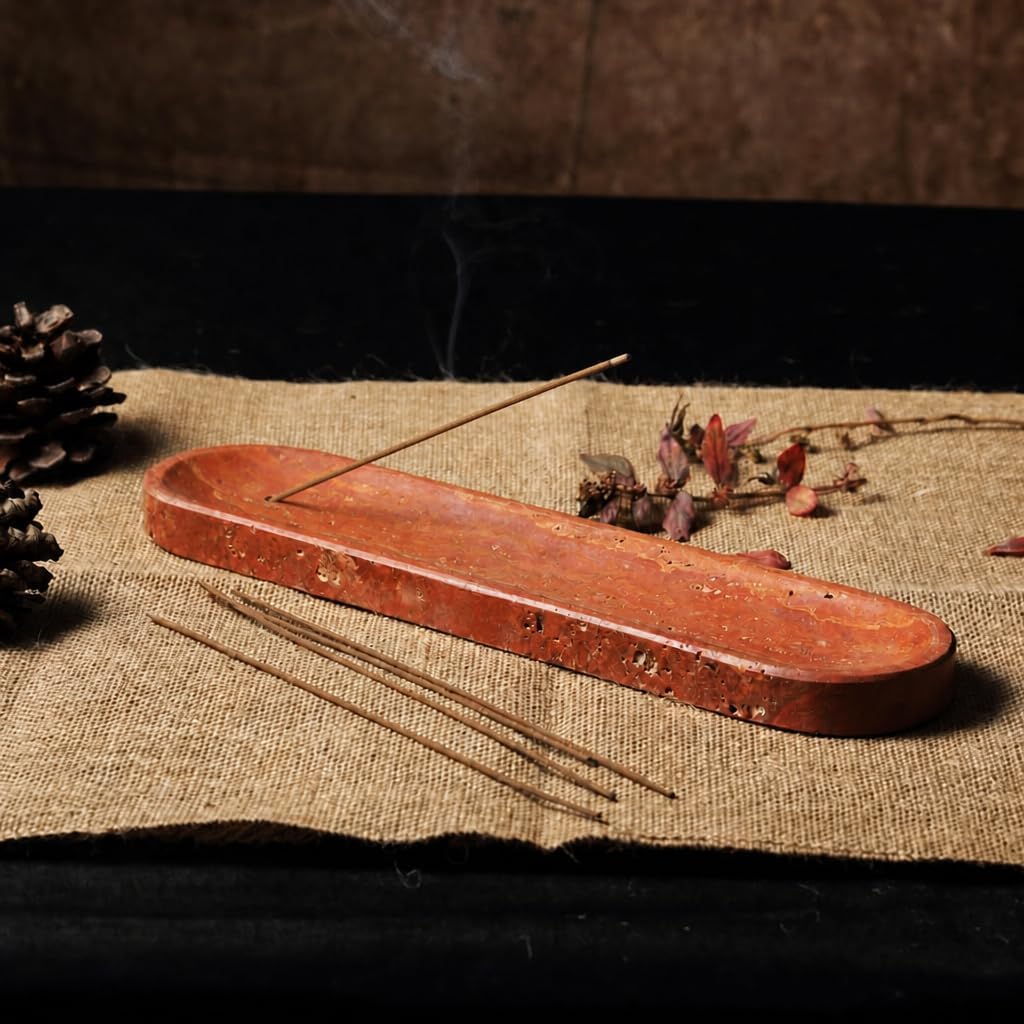 Koville Travertine Incense Holder, Incense Holder for Sticks, Long Incense Sticks Holder Ash Catcher for Meditation Yoga SPA, Natural Stone Incense Burner, Home Table Decor(Red)