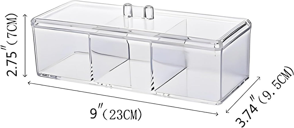 Sooyee Qtip Holder Rectangle Cotton Ball and Swab Holder Organizer with Lid, Dustproof,Waterproof,Clear Acrylic 3 Compartment Cotton Pad Container for Cotton Swabs, Make Up Pads, Cosmetics