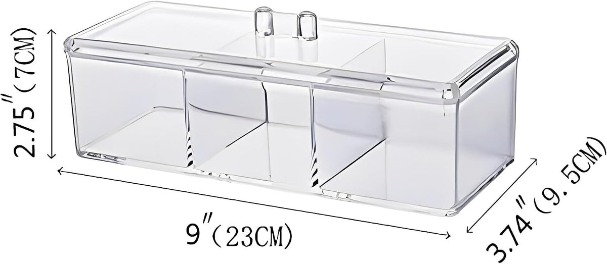 Sooyee Qtip Holder Rectangle Cotton Ball and Swab Holder Organizer with Lid, Dustproof,Waterproof,Clear Acrylic 3 Compartment Cotton Pad Container for Cotton Swabs, Make Up Pads, Cosmetics