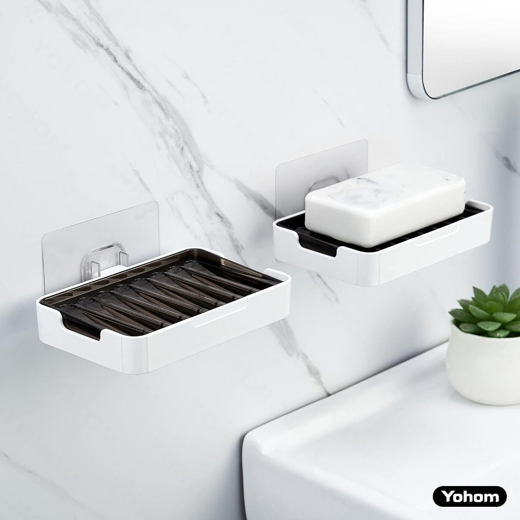 YOHOM Adhesive Bar Soap Holder for Shower Wall Hanging Soap Dish with Drain Tray Plastic Stick on Bathroom Sink Soap Holder 2PCS