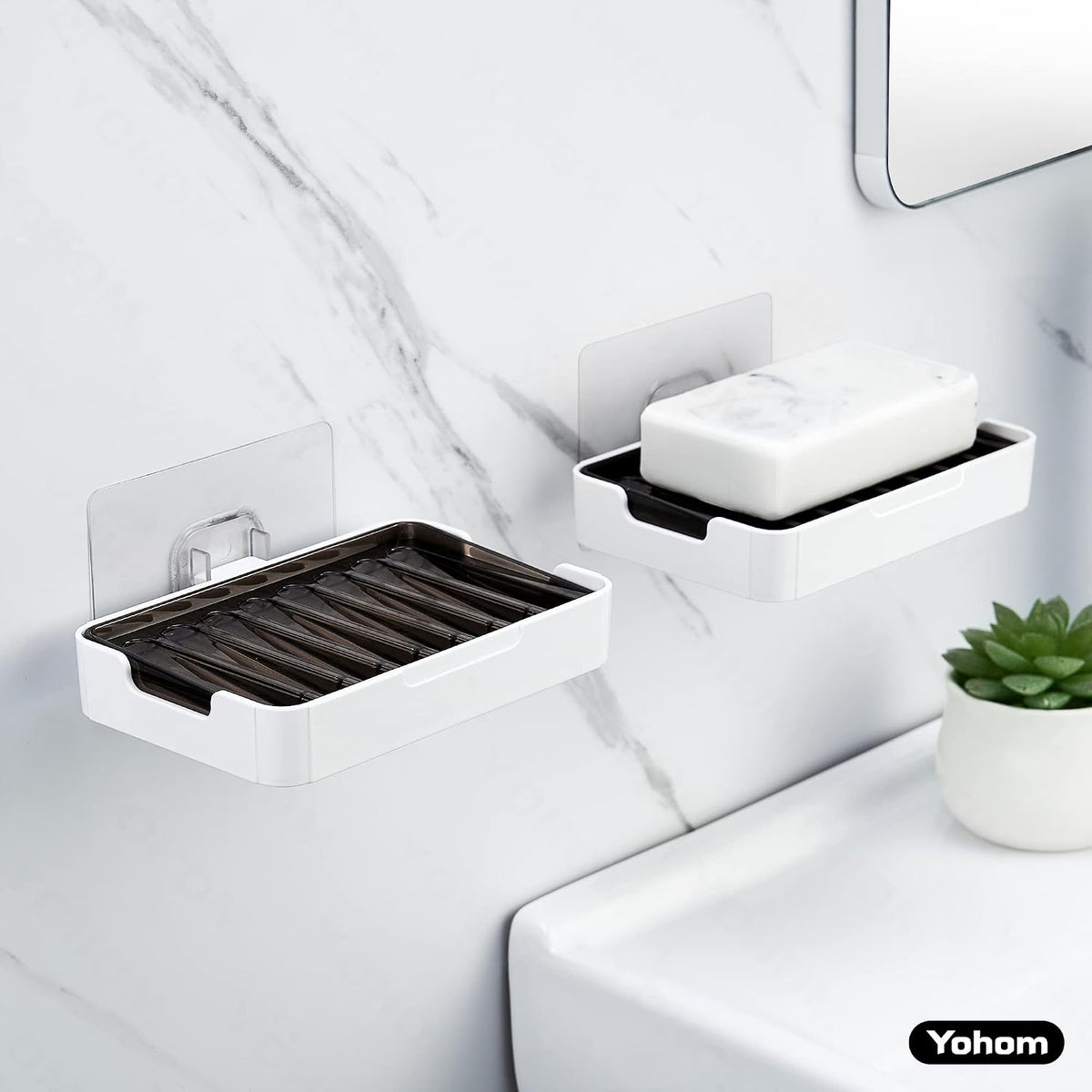 YOHOM Adhesive Bar Soap Holder for Shower Wall Hanging Soap Dish with Drain Tray Plastic Stick on Bathroom Sink Soap Holder 2PCS