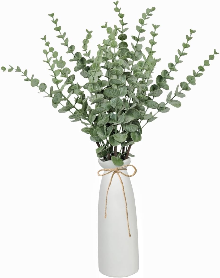 Artificial Plants Eucalyptus Branch in Ceramic Vase, 17.7” Fake Plant Greenery Stems Leaves Branches Faux Eucalyptus Stems for Home Office Farmhouse Wedding Table Centerpiece Décor