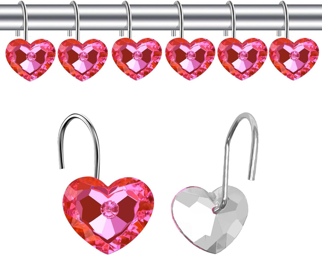 Heart Decorative Shower Hook Love Rhinestone Shower Curtain Rings, Pink