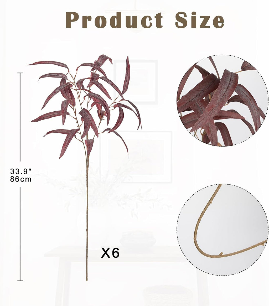 Briful Artificial Eucalyptus Branches Fall Decor, 6PCS Burgundy Fake Eucalyptus Stems, Realistic Faux Greenery Stems for Autumn Thanksgiving Halloween Home Farmhouse Porch Vase Decor, Indoor Outdoor
