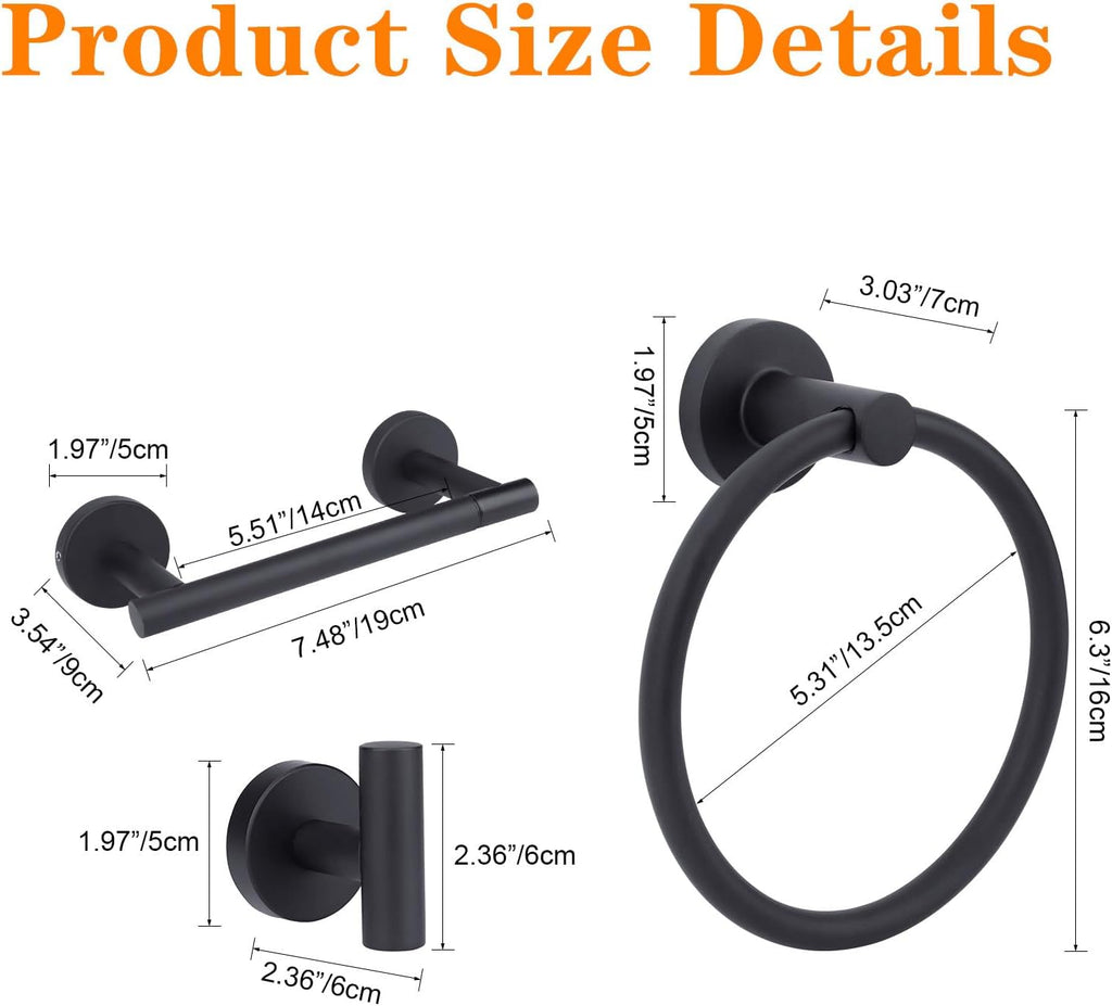 4-Piece Matte Black Bathroom Accessories Hardware Set,Include Double Post Pivoting Toilet Paper Holder,Towel Ring and 2 Towel Hooks
