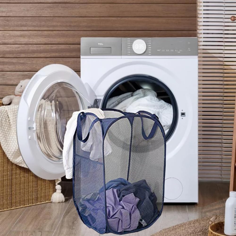 Pop up Laundry Hamper, Foldable Mesh Clothes Hamper for Kids Room, College Dorm or Travel, Collapsible Laundry Basket for Storage, Blue