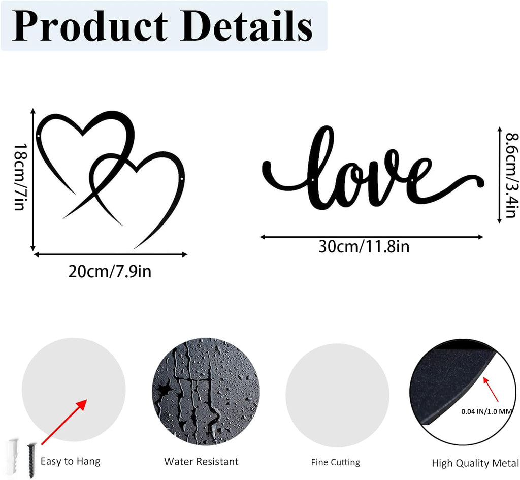 DUOOLN 2Pcs Love Wall Decor Blessed Art, Metal Heart Signs Couples Gift