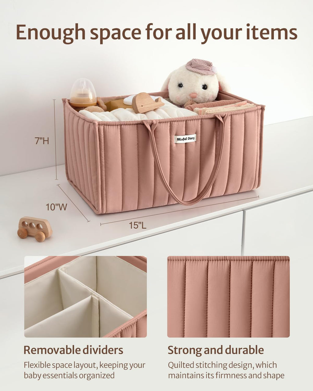 Blissful Diary Baby Diaper Caddy Organizer, Nursery Storage, Blush Pink