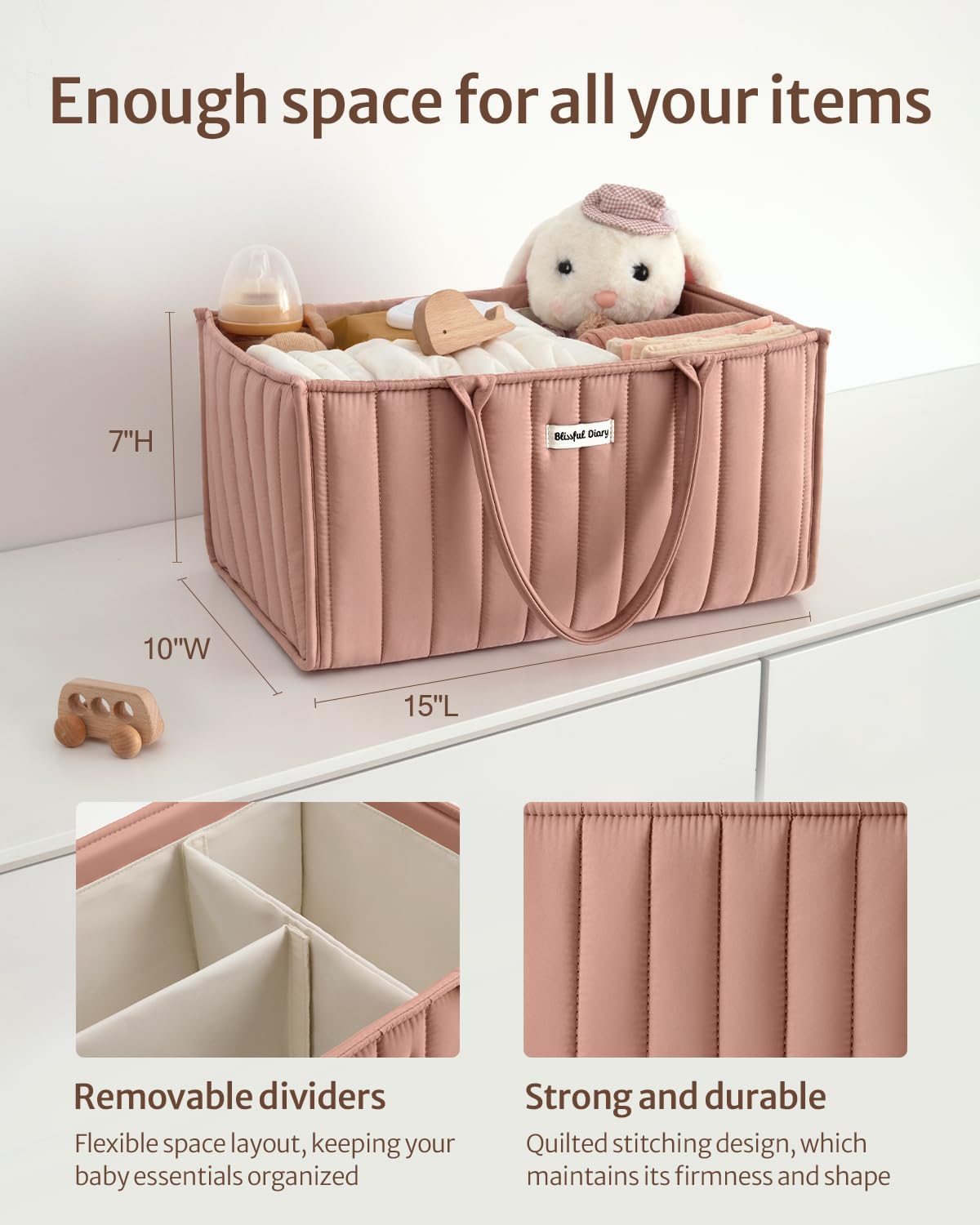 Blissful Diary Baby Diaper Caddy Organizer, Nursery Storage, Blush Pink