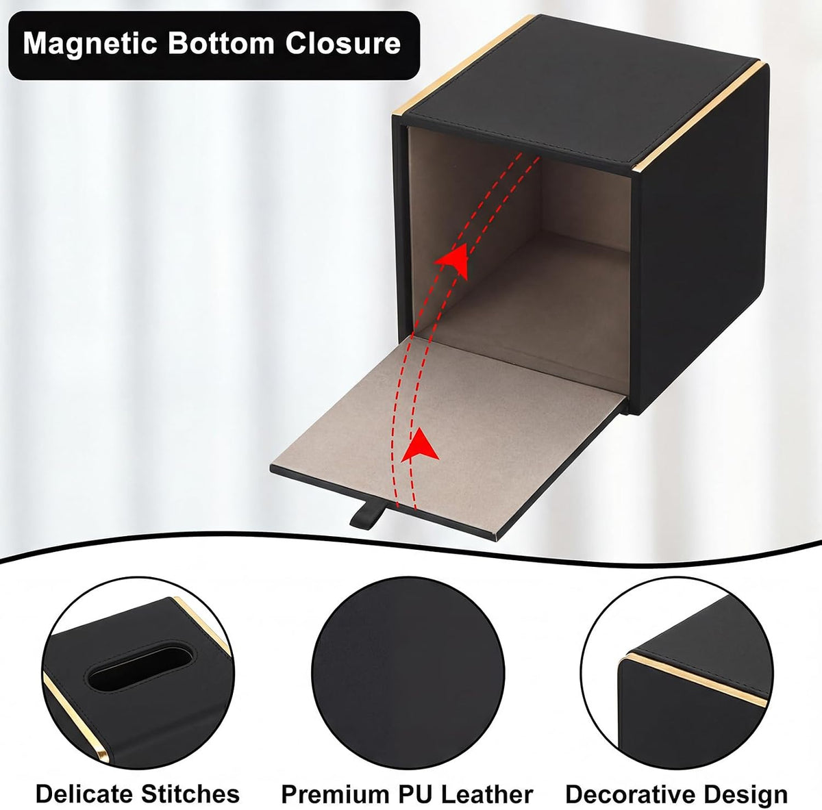 Sumnacon PU Square Tissue Box Cover, Magnetic Bottom, Waterproof, Black