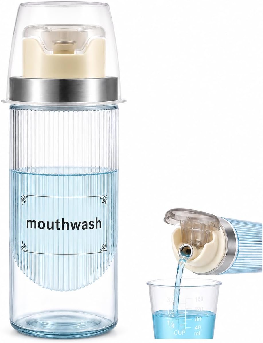 LGURT 13.5oz Clear Glass Mouthwash Dispenser with Measuring Cup