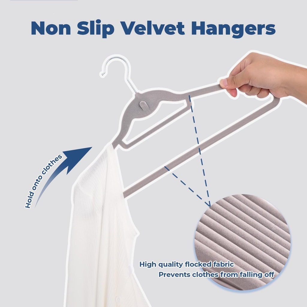 Grey Velvet Hangers, Stackable Hanger with Non Slip Felt Fabric