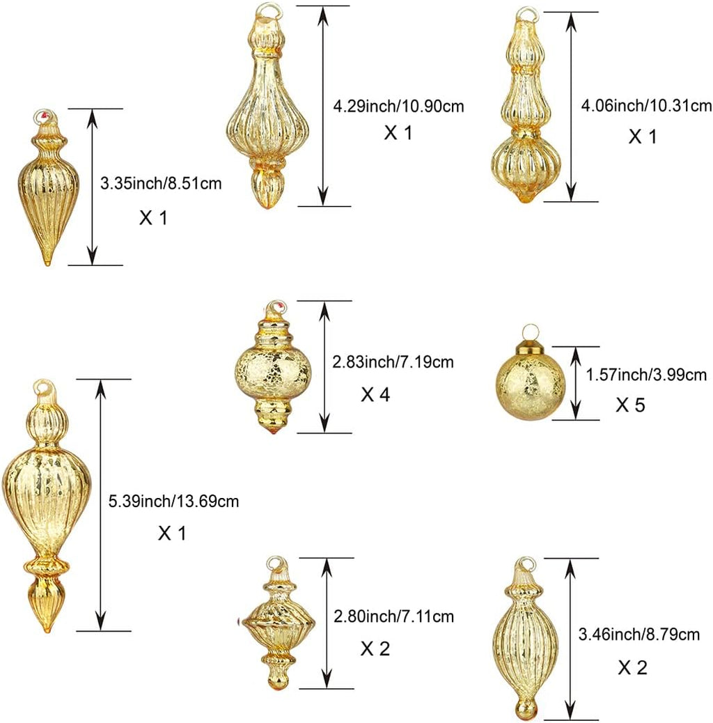 Glass Christmas Ball Ornaments Mercury Glass Drop Ornaments Holiday Trees Wreaths & Garland Decor Gold Color Size: 1.57''-5.39''(17 Pieces)