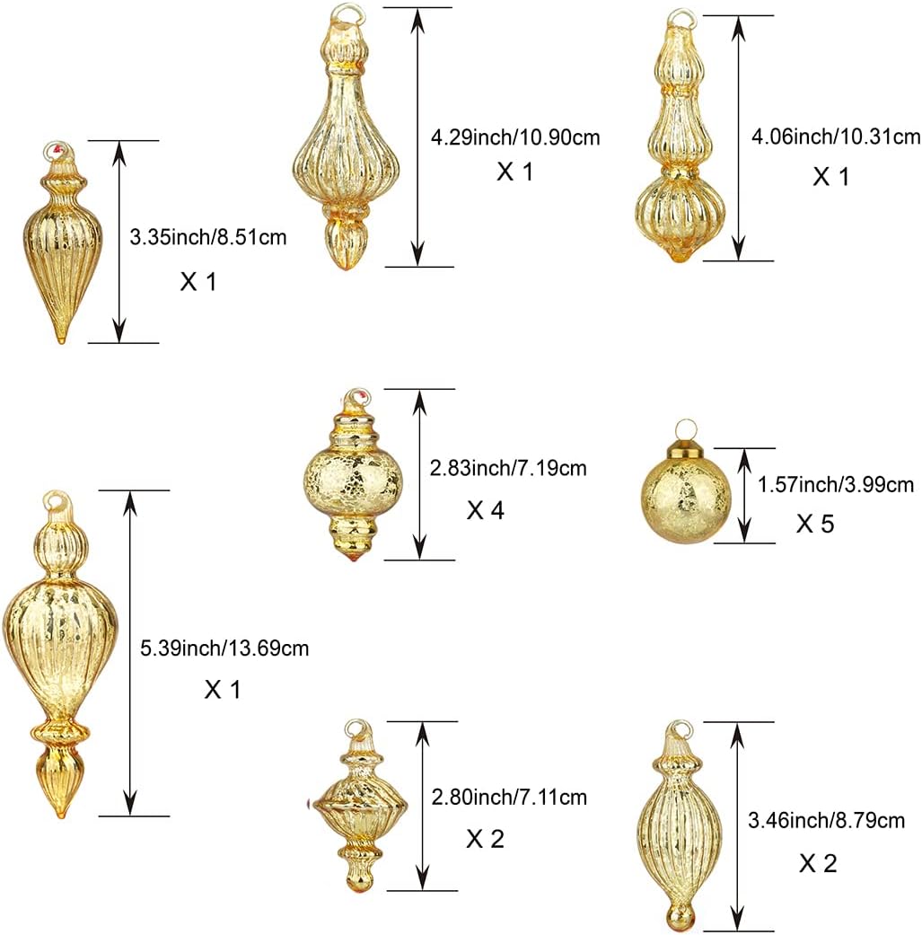 Glass Christmas Ball Ornaments Mercury Glass Drop Ornaments Holiday Trees Wreaths & Garland Decor Gold Color Size: 1.57''-5.39''(17 Pieces)