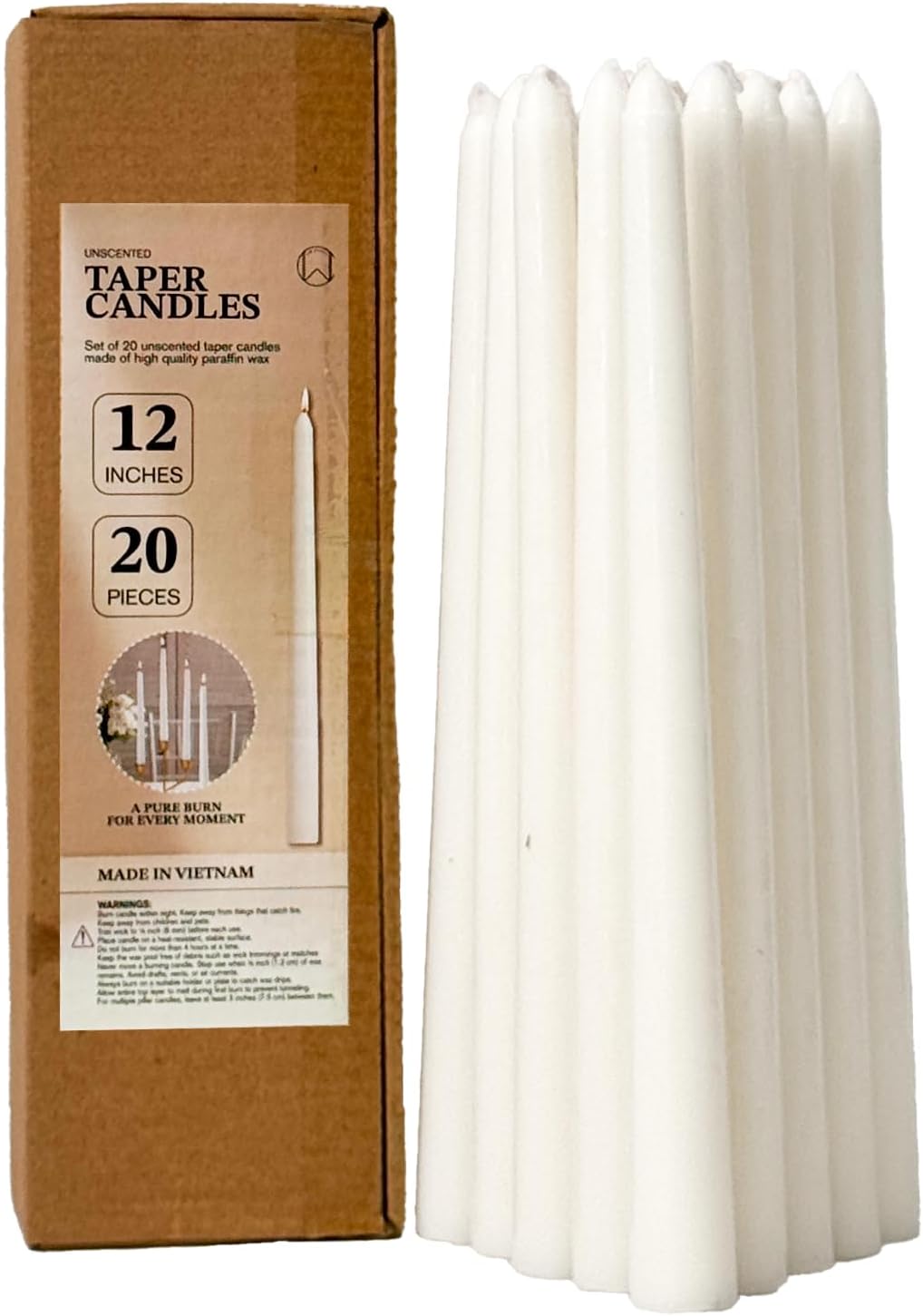 Taper Candles 12 Inch 20 Pack White – CW Studio Unscented Smokeless Candlesticks, 7-8 Hour Clean Burn – Elegant Dinner Table Centerpiece for Wedding, Holiday Decor & Romantic Dinners