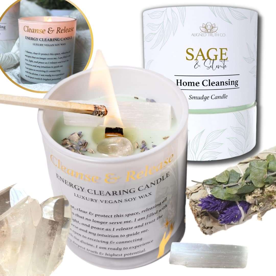 Sage Candles for Cleansing – White Sage Smudge Wood Wick Candles that Crackle with Selenite Crystal & Quartz for Home Rituals & Manifestation