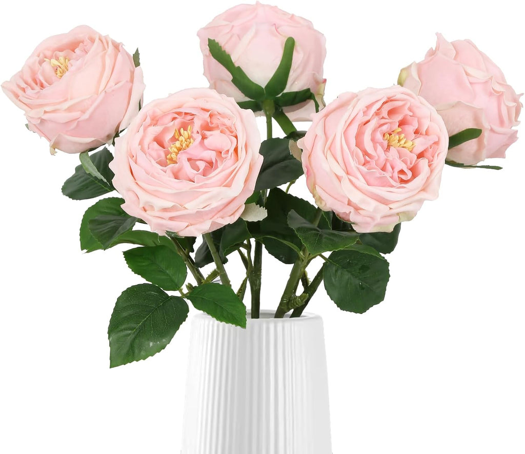 IPOPU Real Touch Rose Artificial Flowers 5PCS Faux Pink Peonies Realistic Roses with Stem for Wedding Bouquet Party Home Decor (Pink)