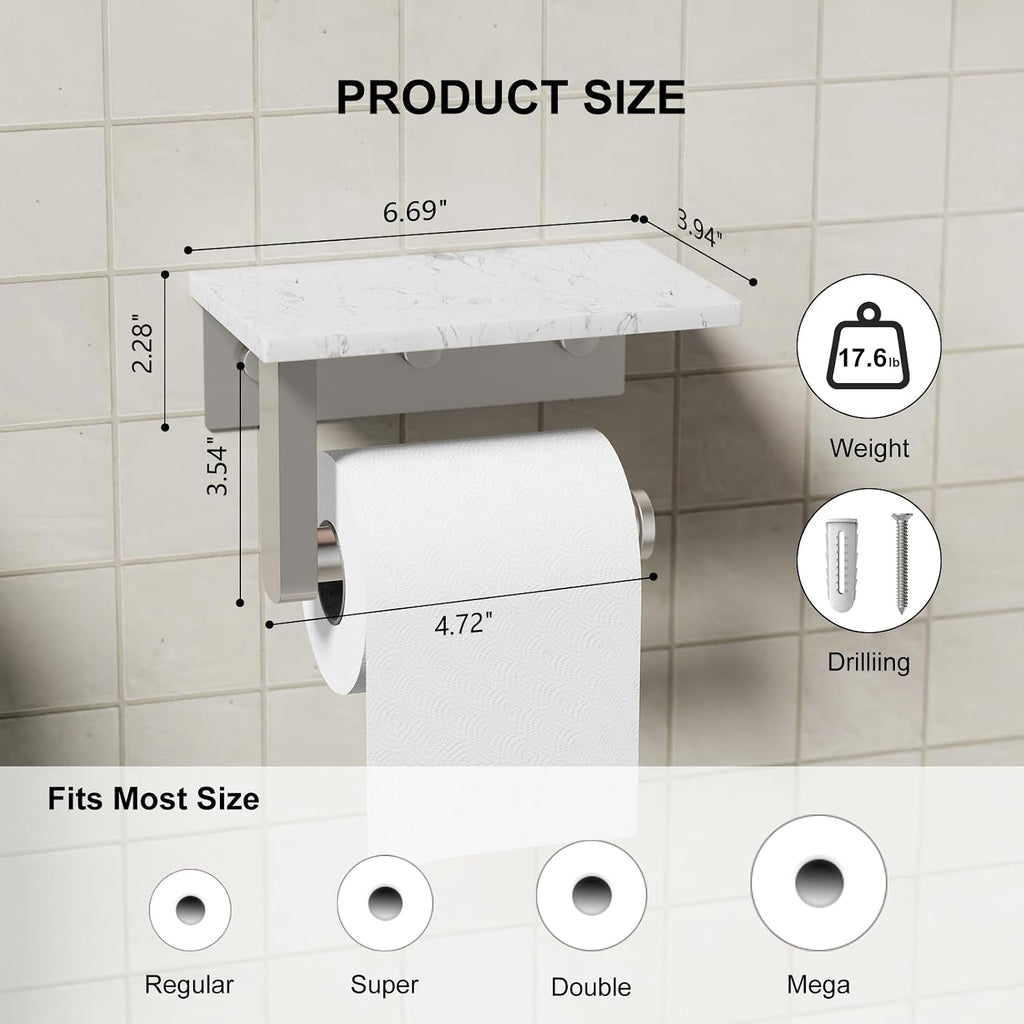 Brushed Nickel Toilet Paper Holder with Marble Shelf Tissue Roll Holder