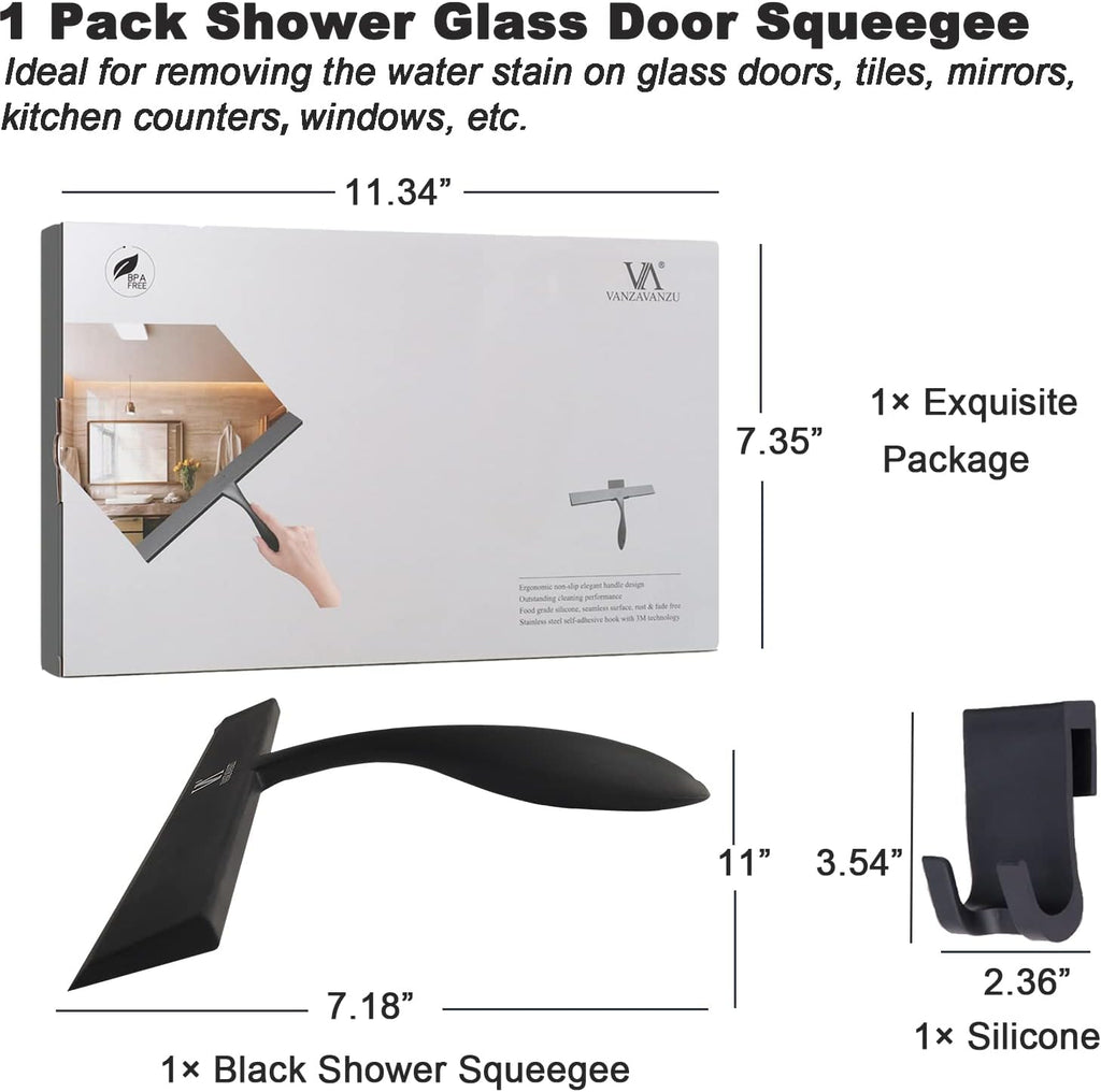 Squeegee for Shower Glass Door, 11-Inch Shower Squeegee for Glass Doors, Bathroom Silicone Squeegees Wiper for Shower with Non-Slip Handle, No-Drilling Silicone Hanging Hook, for Tiles, Mirror(Black)