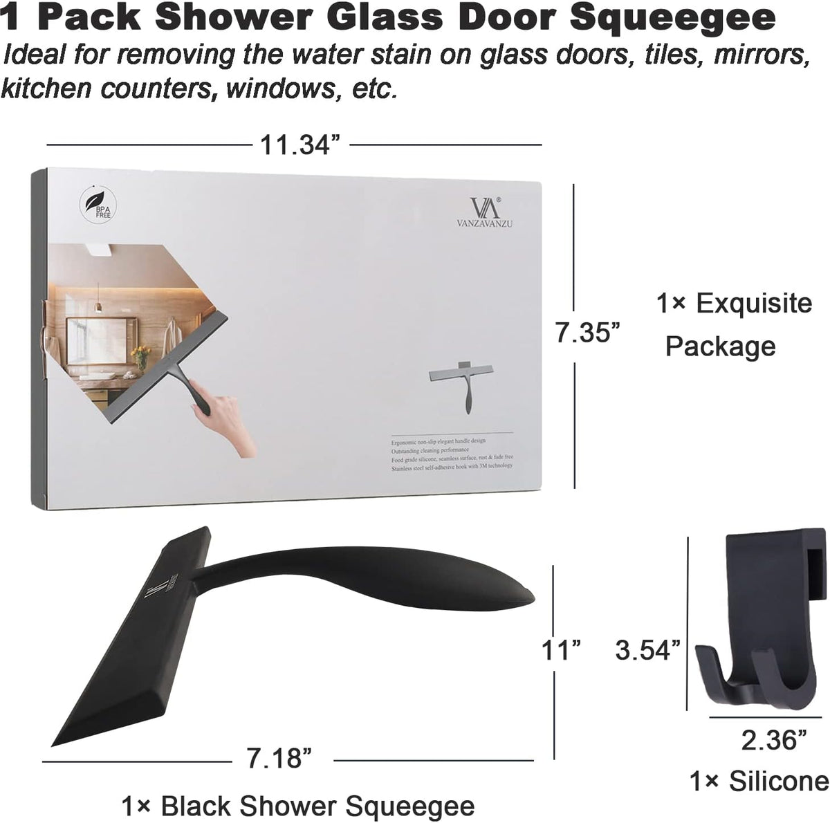 Squeegee for Shower Glass Door, 11-Inch Shower Squeegee for Glass Doors, Bathroom Silicone Squeegees Wiper for Shower with Non-Slip Handle, No-Drilling Silicone Hanging Hook, for Tiles, Mirror(Black)