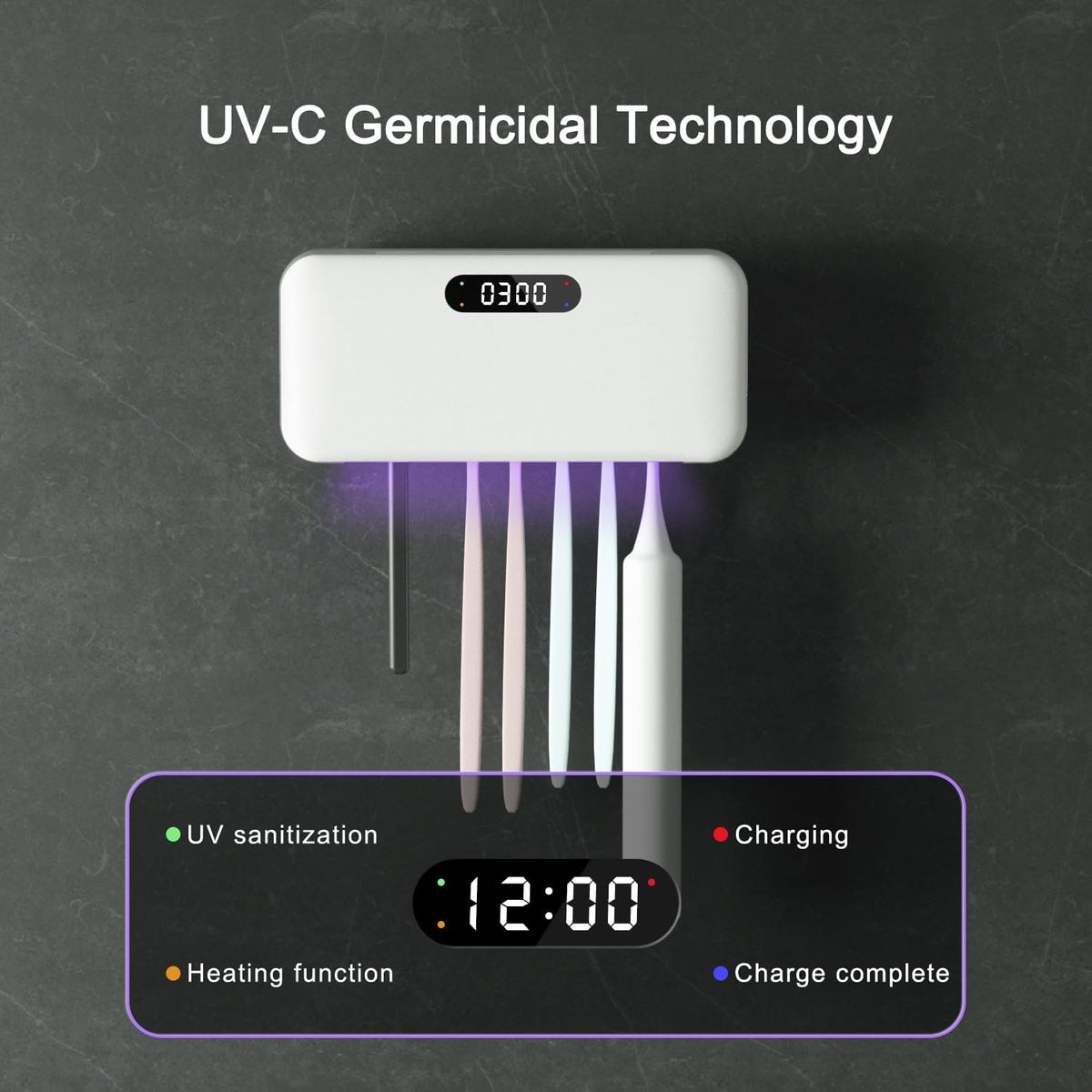 UV Toothbrush Sanitizer and Holder for Bathroom, 5 Toothbrush Slots for Family with Fan and PTC Heat Drying, Type-C Charging, No-Drill Wall Mount